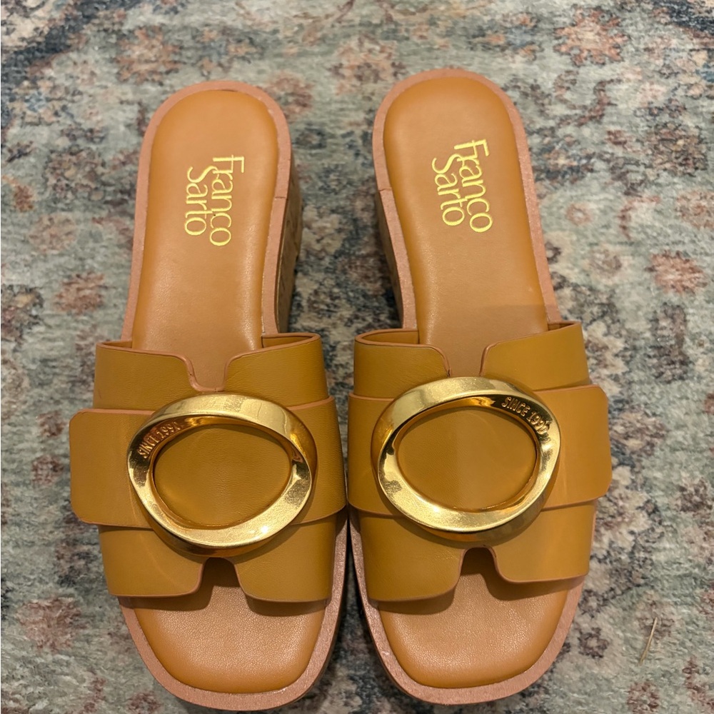 Franco Sarto Mustard Slide Mules with Gold Ring Accent